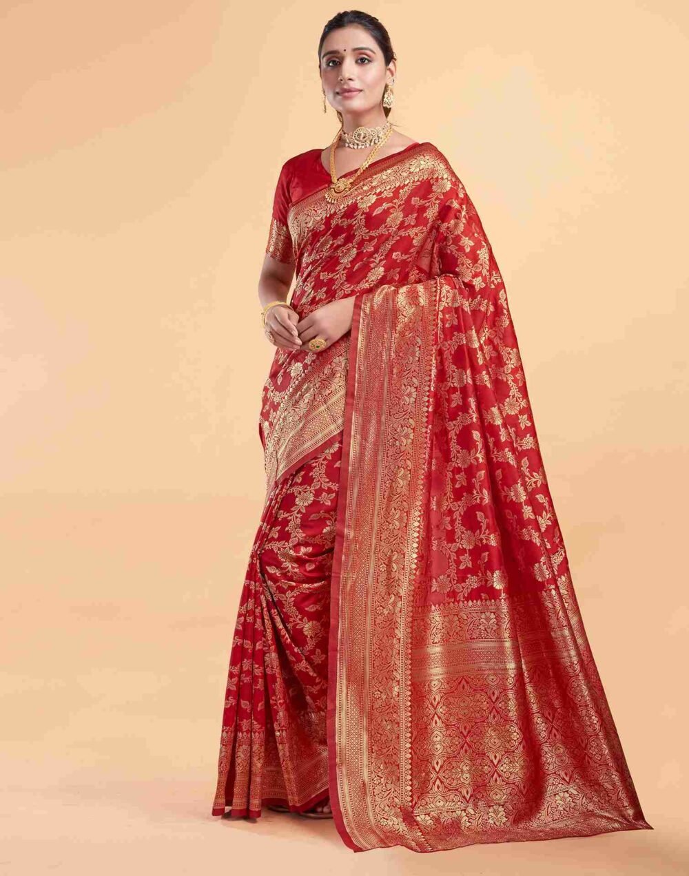 Regal - Red Color Sreee With Blouse || Saree For Women || Trending Saree For Women || Bollywood Stylish Fancy Party Wear Wedding Festive Bridal Sari || Banarasi saree || Kanjiavaram saree || Silk saree || Pure silk saree - Image 2