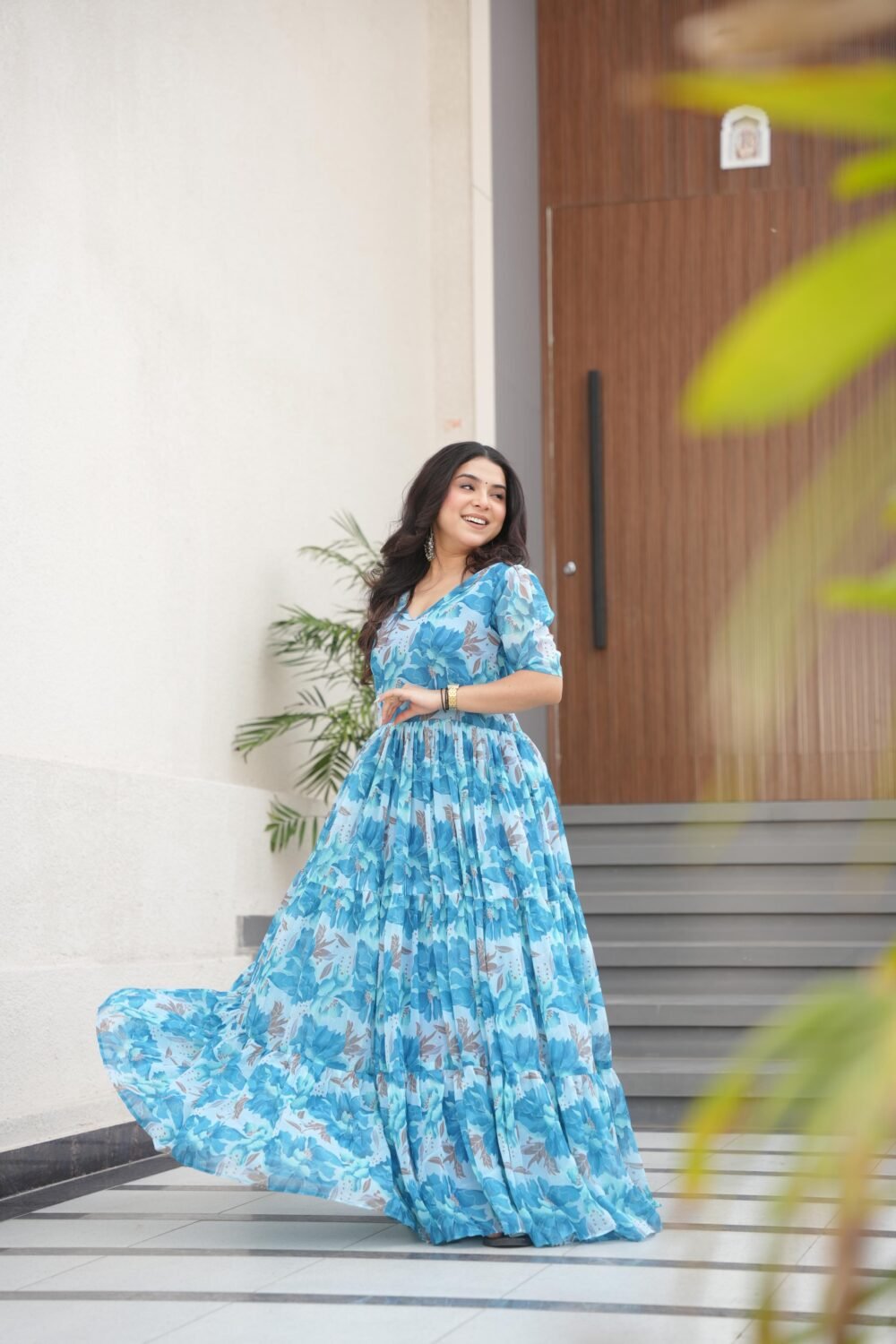 Regal Sky Color Desirable Women Fully Flair Gown Made With Faux Georgette Fabric With Print