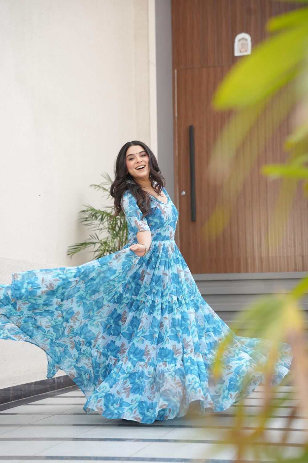 Regal Sky Color Desirable Women Fully Flair Gown Made With Faux Georgette Fabric With Print - Image 2