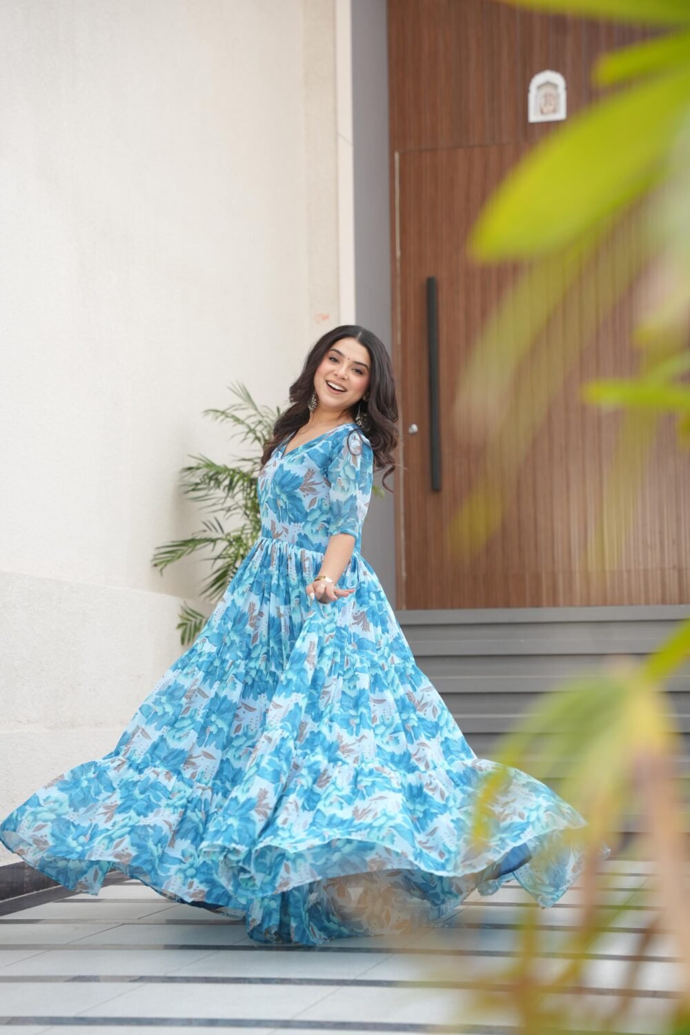 Regal Sky Color Desirable Women Fully Flair Gown Made With Faux Georgette Fabric With Print - Image 3