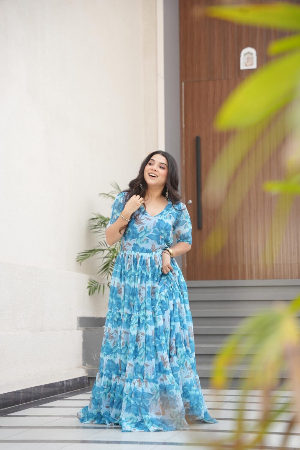 Regal Sky Color Desirable Women Fully Flair Gown Made With Faux Georgette Fabric With Print - Image 4