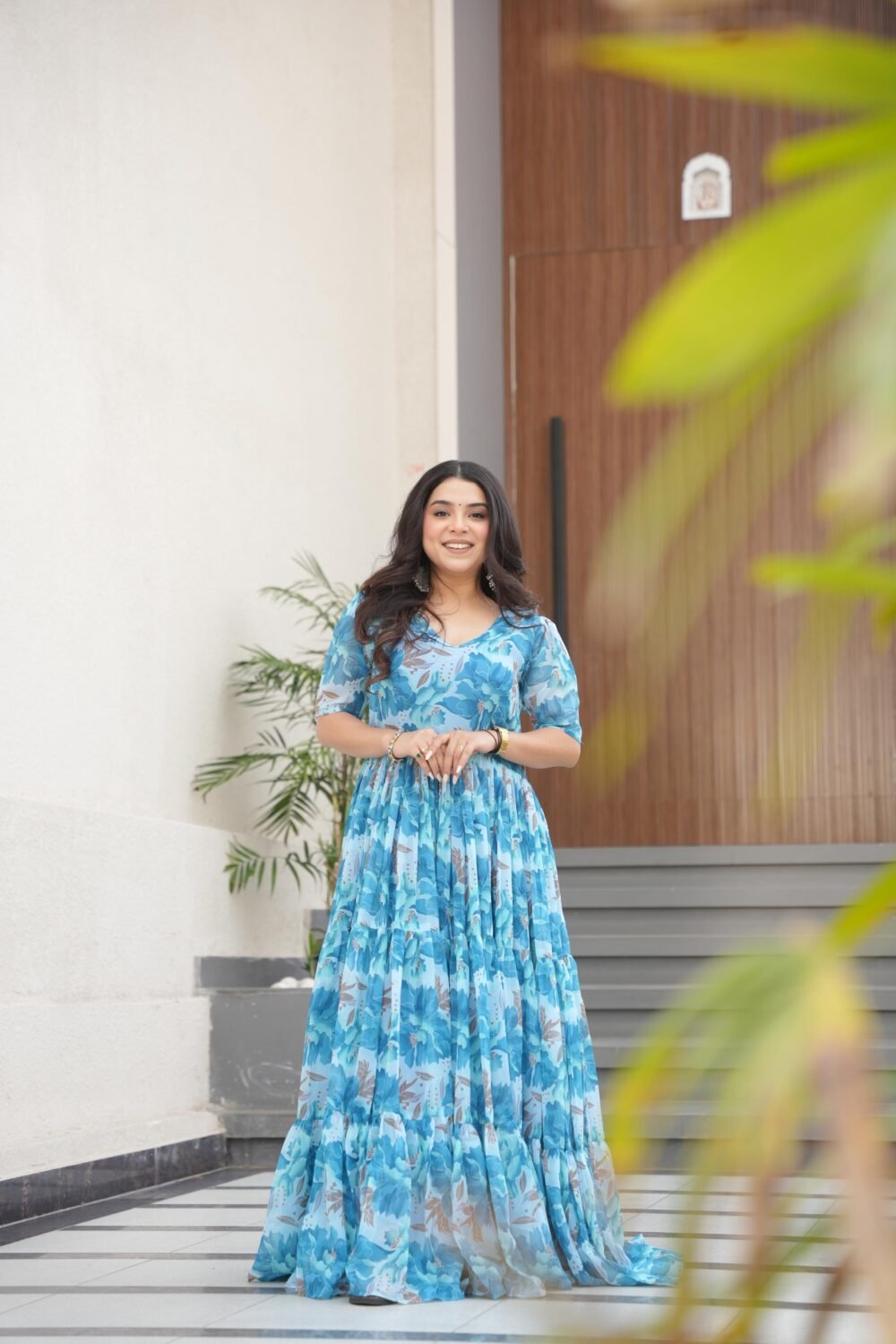 Regal Sky Color Desirable Women Fully Flair Gown Made With Faux Georgette Fabric With Print - Image 5
