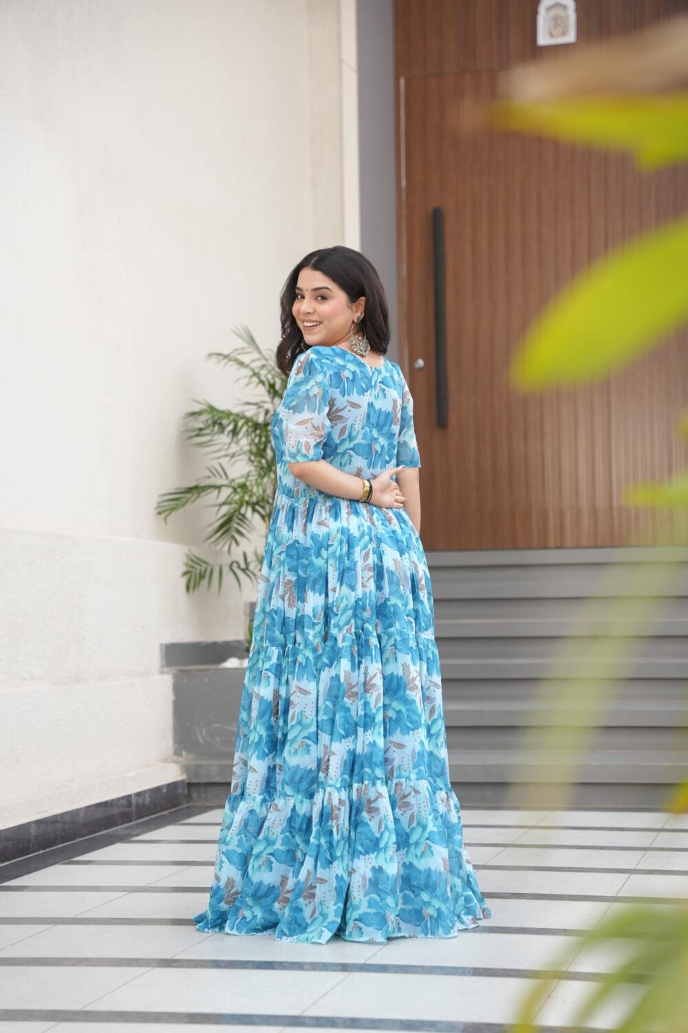 Regal Sky Color Desirable Women Fully Flair Gown Made With Faux Georgette Fabric With Print - Image 6