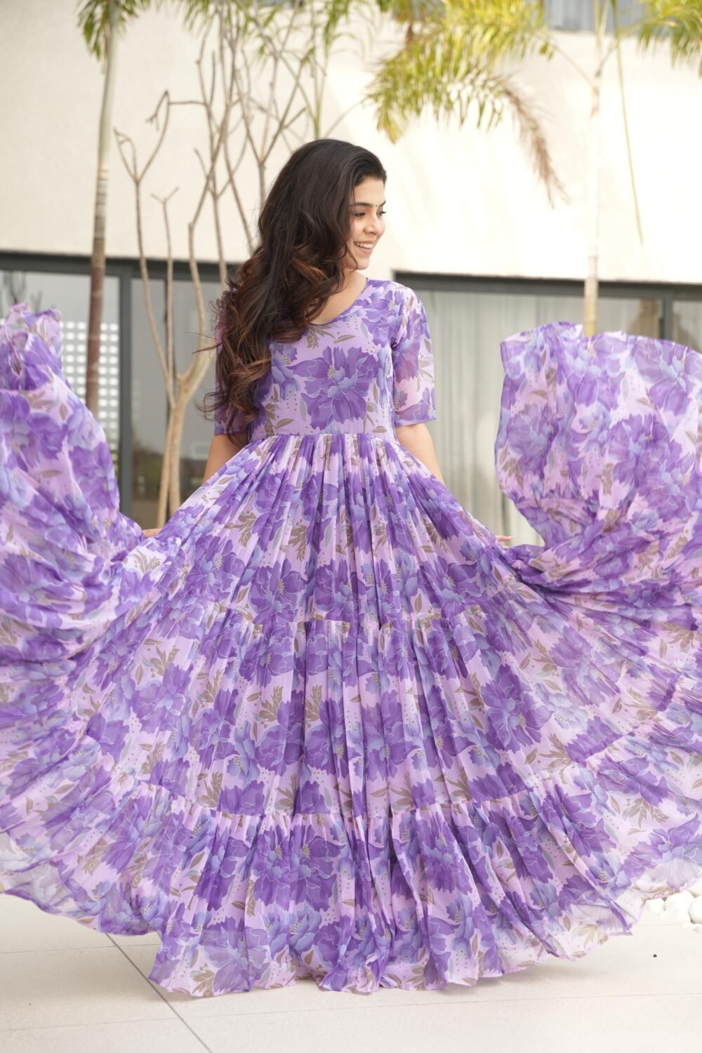 Regal Purple Color Desirable Women Fully Flair Gown Made With Faux Georgette Fabric With Print - Image 4