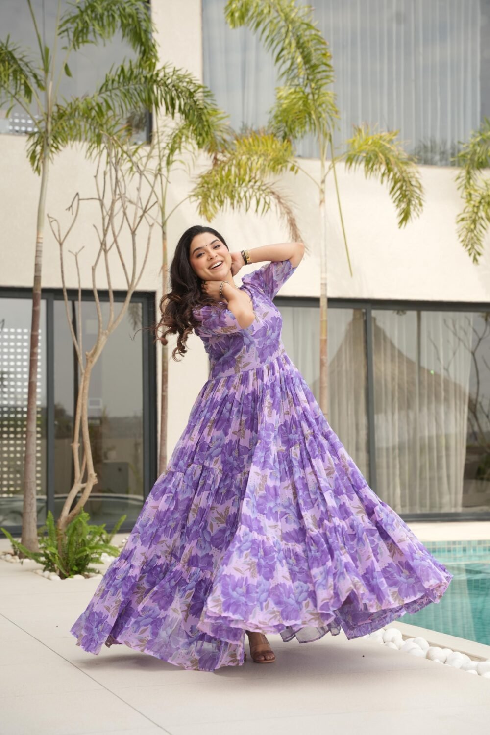 Regal Purple Color Desirable Women Fully Flair Gown Made With Faux Georgette Fabric With Print - Image 2