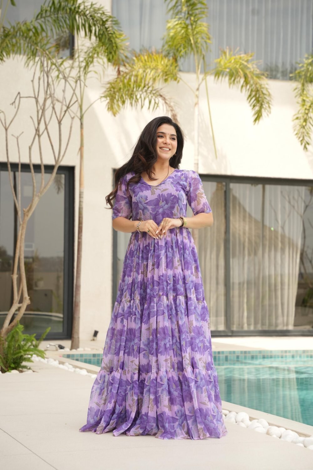 Regal Purple Color Desirable Women Fully Flair Gown Made With Faux Georgette Fabric With Print