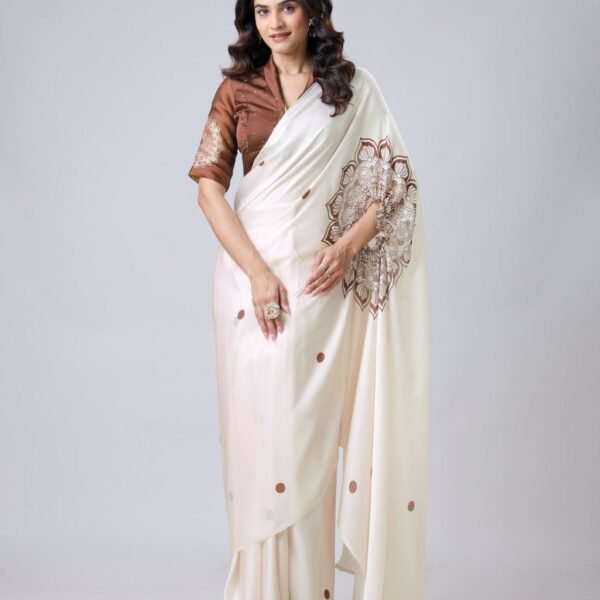 Beyond Beauty: The Hands-Free Mandala Innovation in Satin Georgette With Cream Color