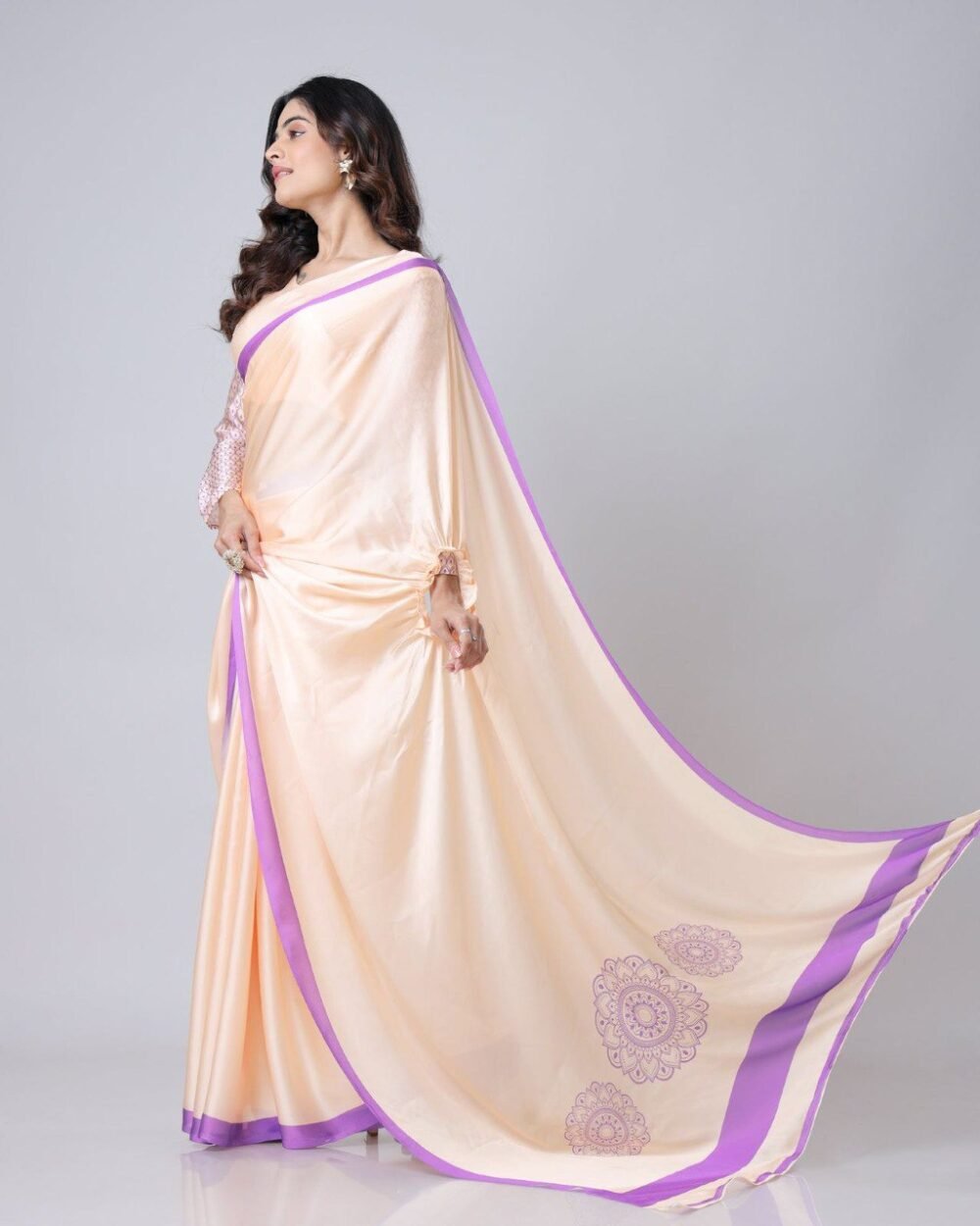 Beyond Beauty: The Hands-Free Mandala Innovation in Satin Georgette With Peach Color - Image 3