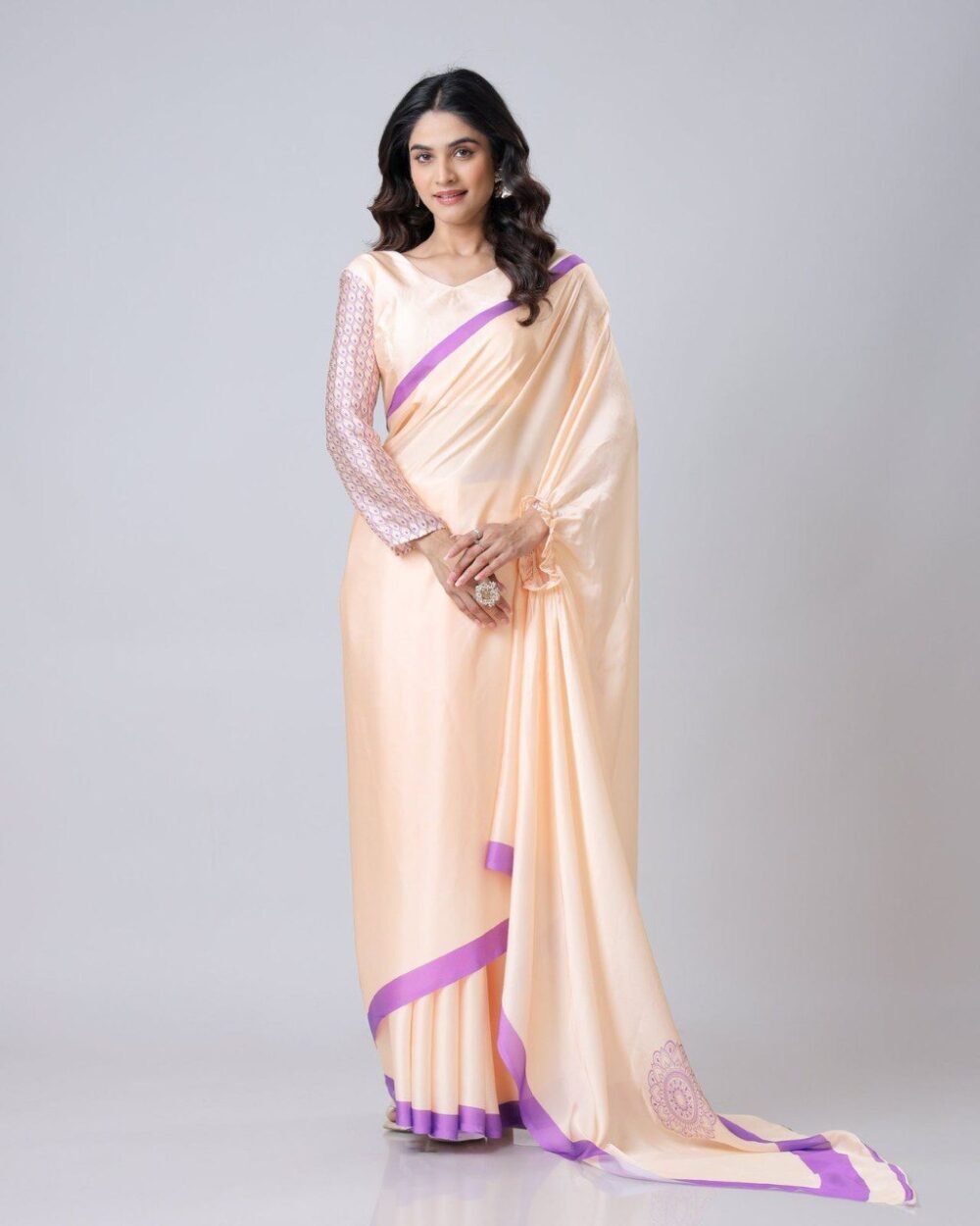 Beyond Beauty: The Hands-Free Mandala Innovation in Satin Georgette With Peach Color