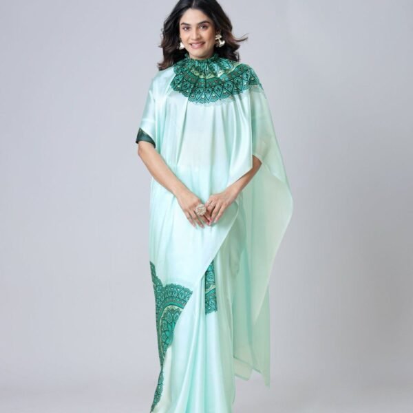 Beyond Beauty: The Hands-Free Mandala Innovation in Satin Georgette With Sea Green Color
