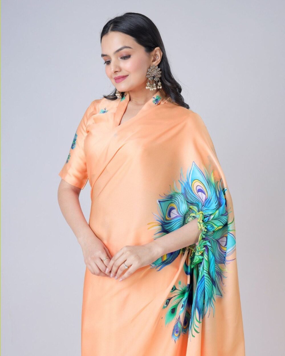 Beyond Beauty: The Hands-Free Mandala Innovation in Satin Georgette With Peach Color - Image 3
