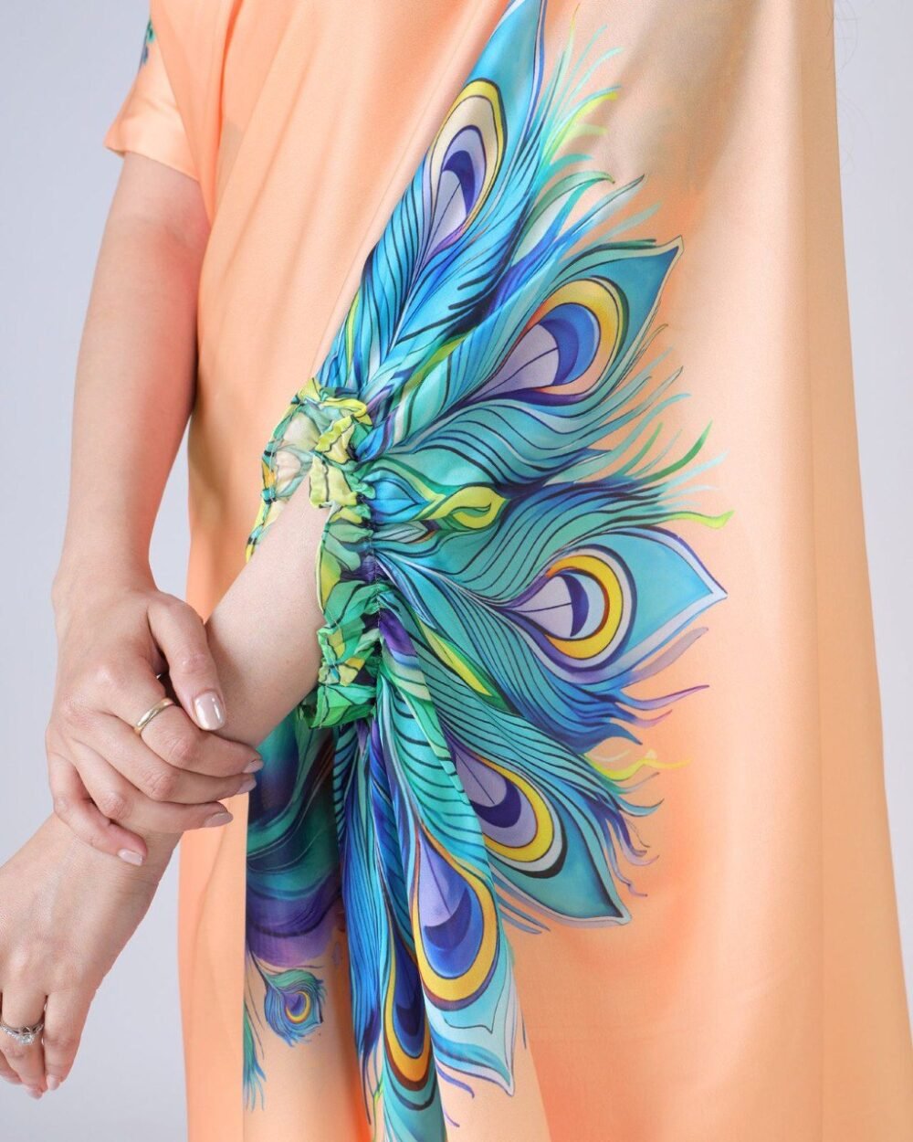 Beyond Beauty: The Hands-Free Mandala Innovation in Satin Georgette With Peach Color - Image 4