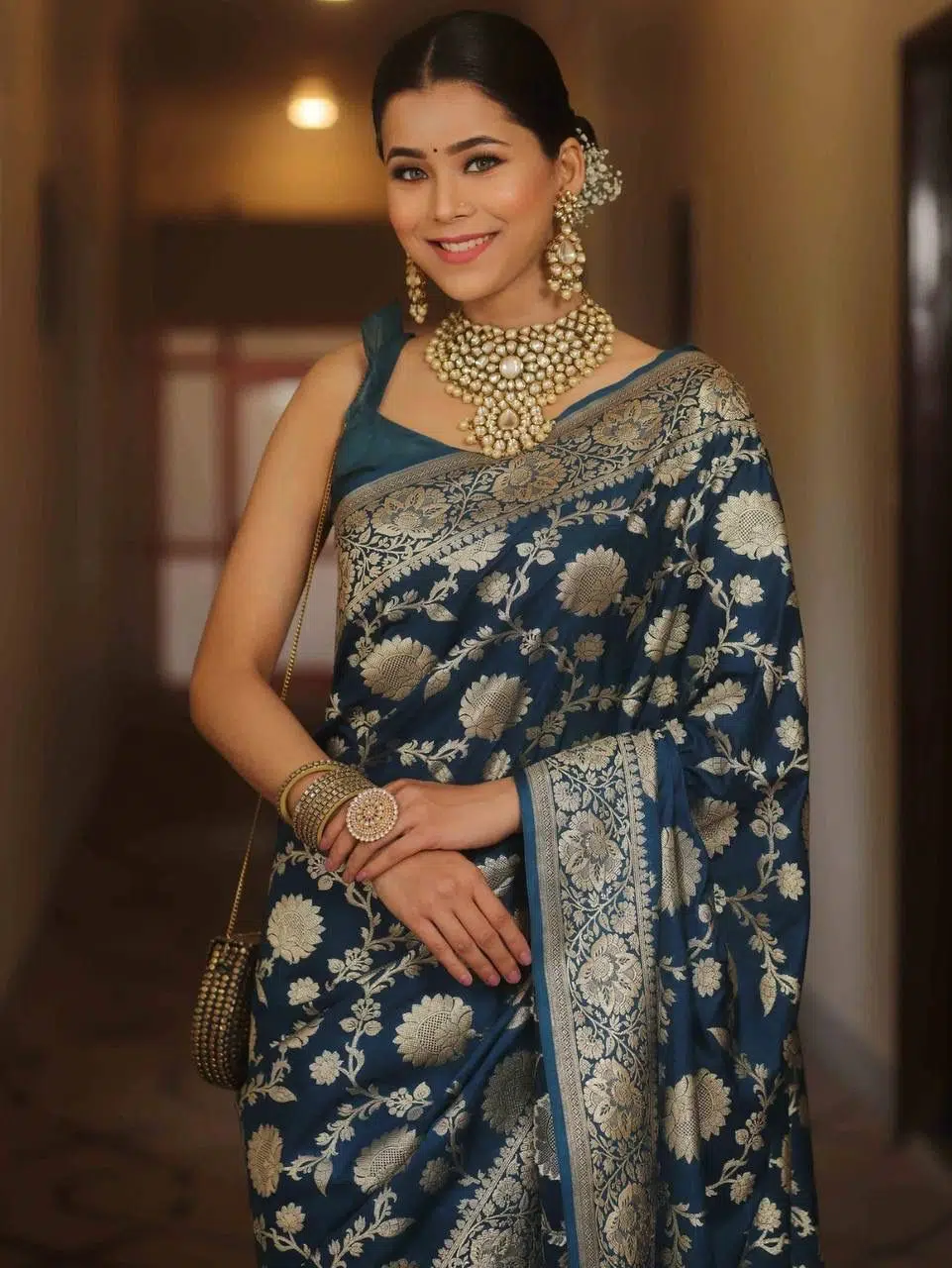 Regal - Firozi Color Sreee With Blouse || Saree For Women || Trending Saree For Women || Bollywood Stylish Fancy Party Wear Wedding Festive Bridal Sari || Banarasi saree || Kanjiavaram saree || Silk saree || Pure silk saree - Image 3