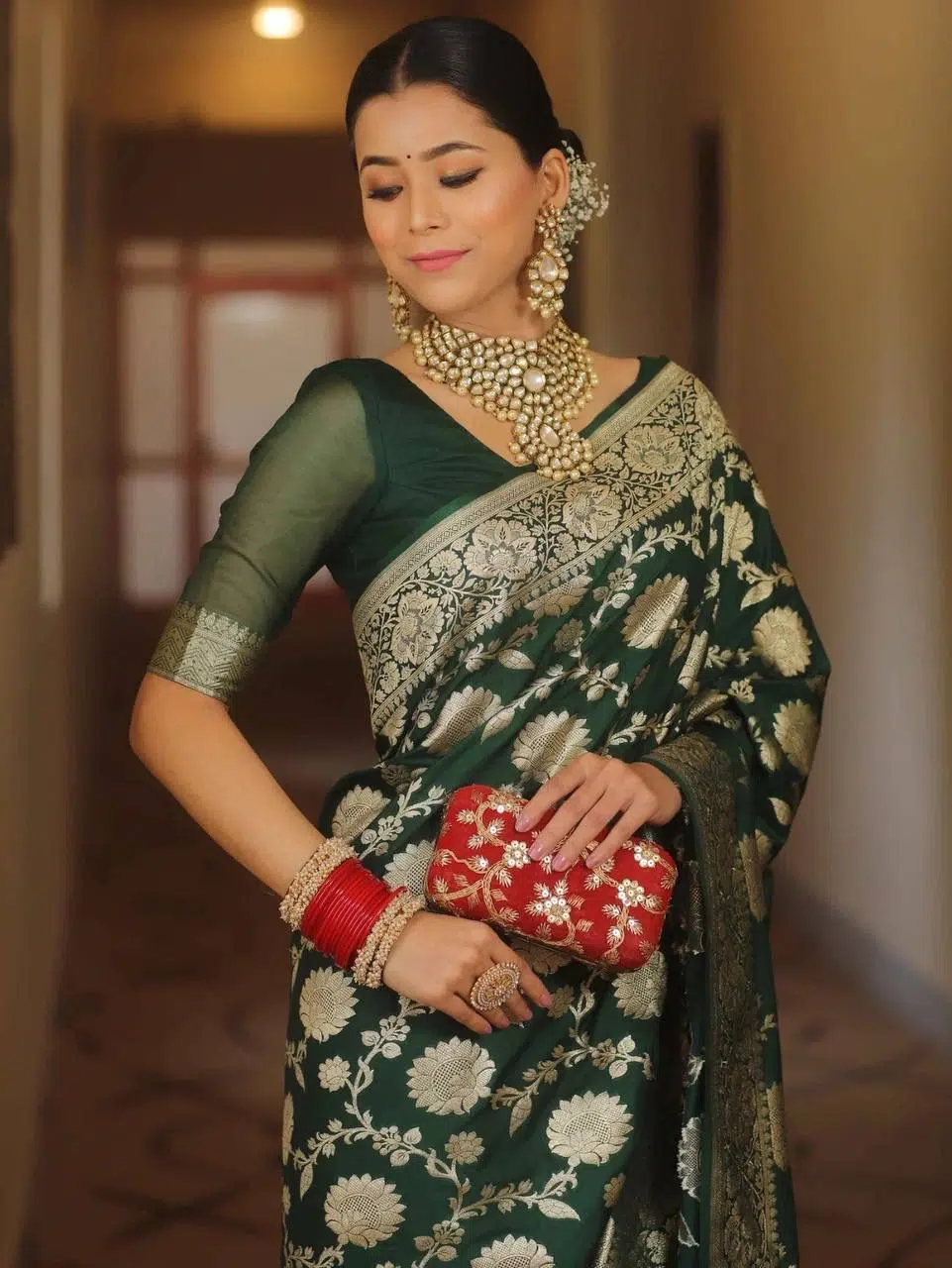 Regal - Green Color Sreee With Blouse || Saree For Women || Trending Saree For Women || Bollywood Stylish Fancy Party Wear Wedding Festive Bridal Sari || Banarasi saree || Kanjiavaram saree || Silk saree || Pure silk saree - Image 2