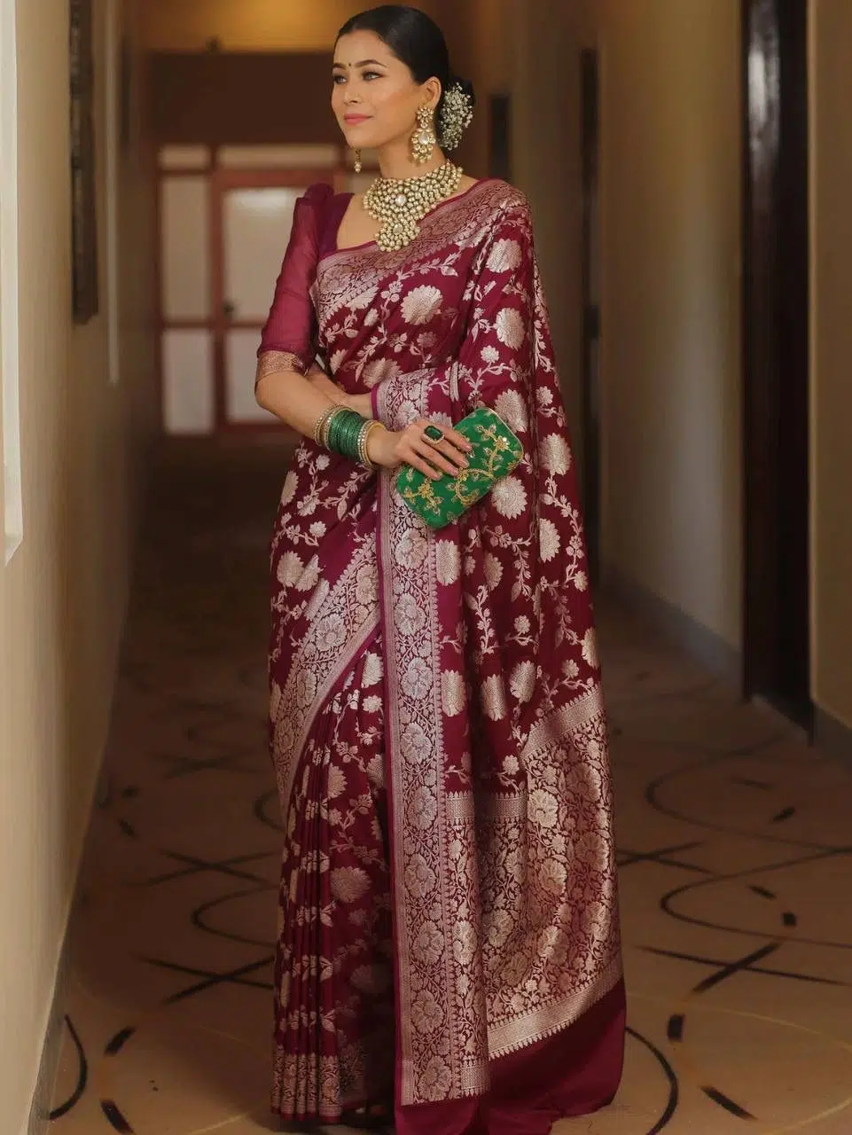 Regal - Maroon Color Sreee With Blouse || Saree For Women || Trending Saree For Women || Bollywood Stylish Fancy Party Wear Wedding Festive Bridal Sari || Banarasi saree || Kanjiavaram saree || Silk saree || Pure silk saree - Image 2