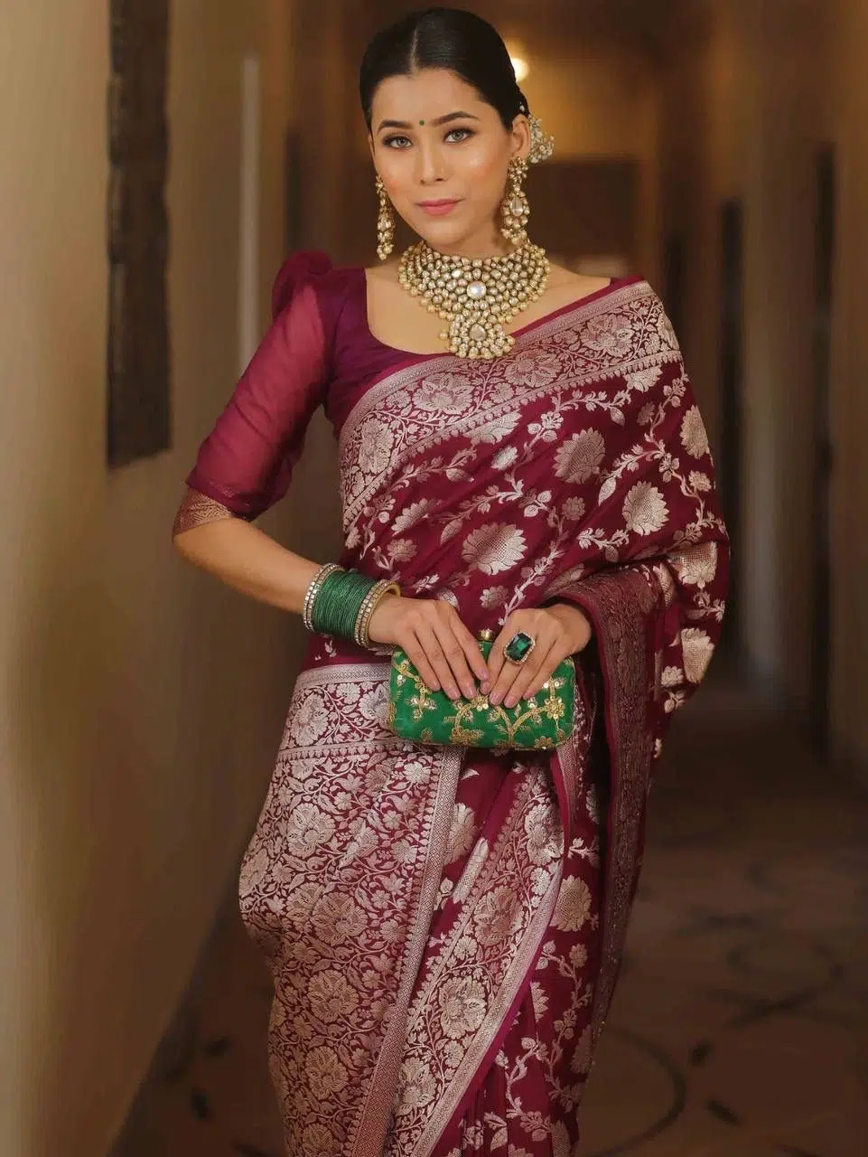 Regal - Maroon Color Sreee With Blouse || Saree For Women || Trending Saree For Women || Bollywood Stylish Fancy Party Wear Wedding Festive Bridal Sari || Banarasi saree || Kanjiavaram saree || Silk saree || Pure silk saree