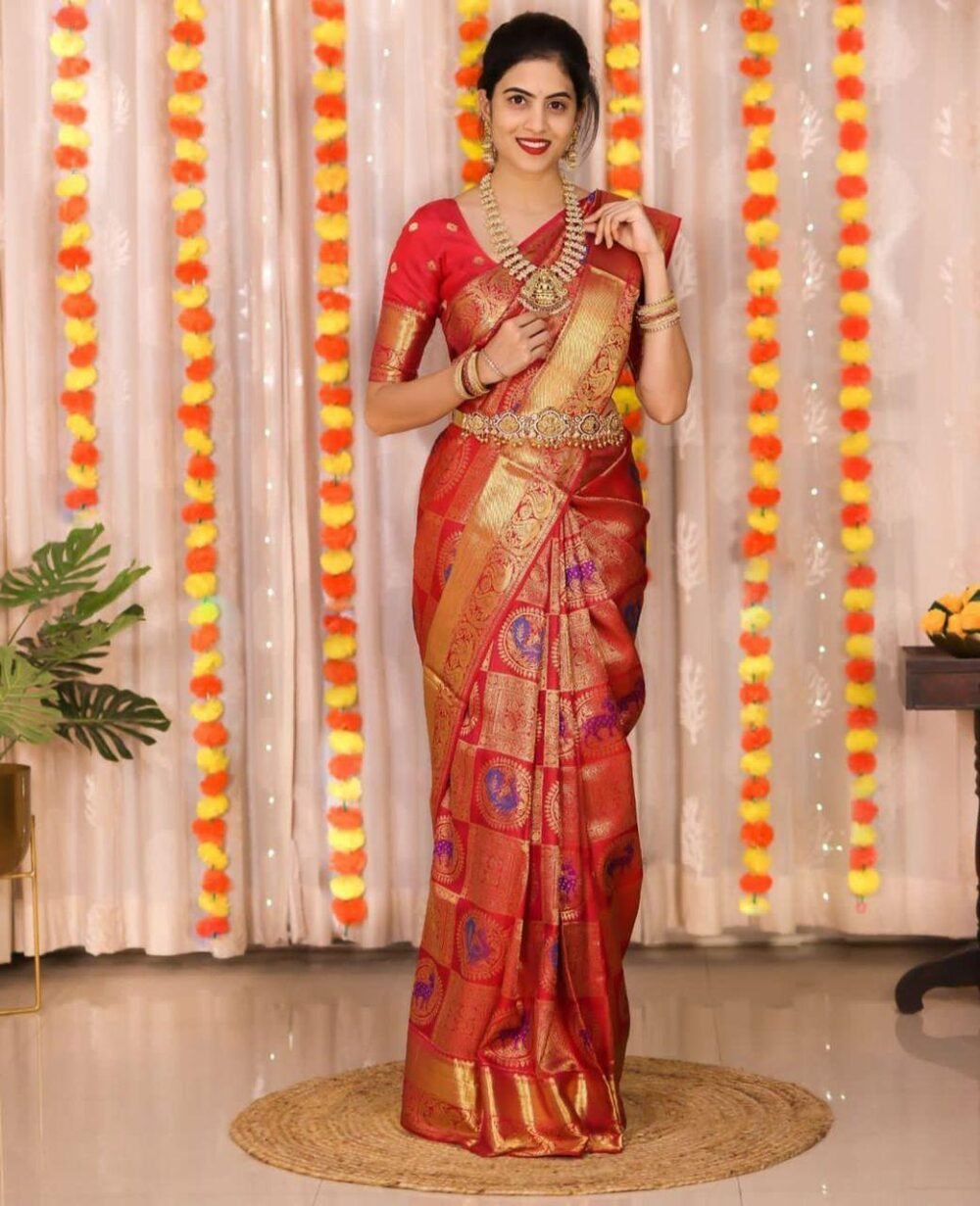 Regal - Red Color Sreee With Blouse || Saree For Women || Trending Saree For Women || Bollywood Stylish Fancy Party Wear Wedding Festive Bridal Sari || Banarasi saree || Kanjiavaram saree || Silk saree || Pure silk saree - Image 4