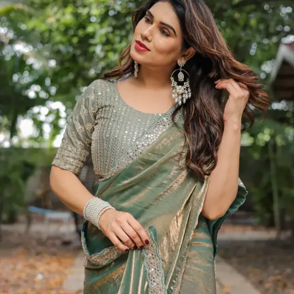 Regal Unique Dual-Tone Fandy Chiffon Saree with Sequin Lace & Embroidered Blouse