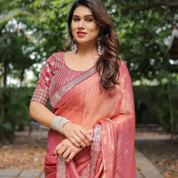 Regal Rose Gold Fandy Chiffon Saree with Sequin Lace & Embroidered Blouse