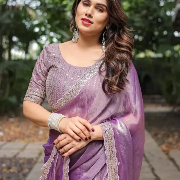 Regal Ethereal Lavender Fandy Chiffon Saree with Sequin Lace & Embroidered Blouse