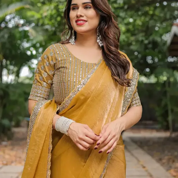 Regal Radiant Golden Fandy Chiffon Saree with Sequin Lace & Embroidered Blouse